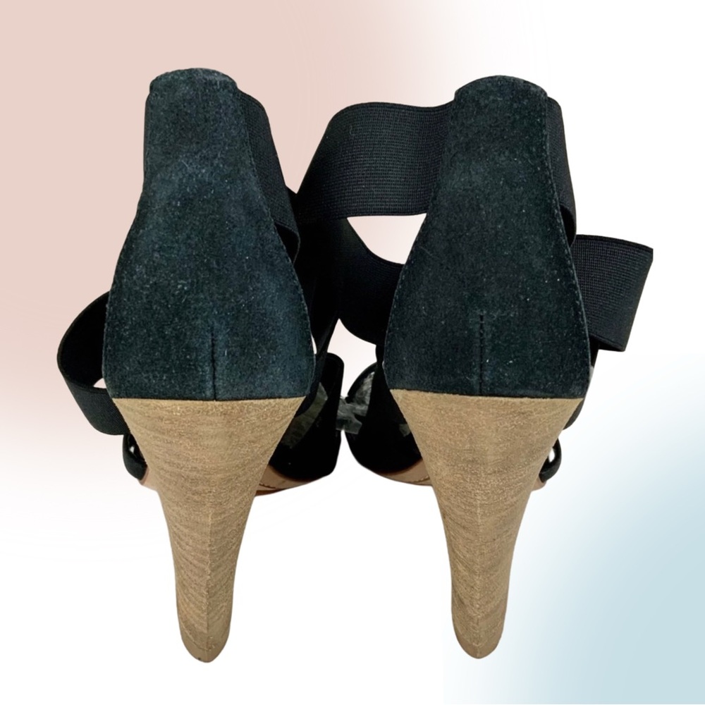 BCBG MAXAZRIA Black Leather & Elastic Strappy Sandals with Stacked Heel - Picture 4 of 12
